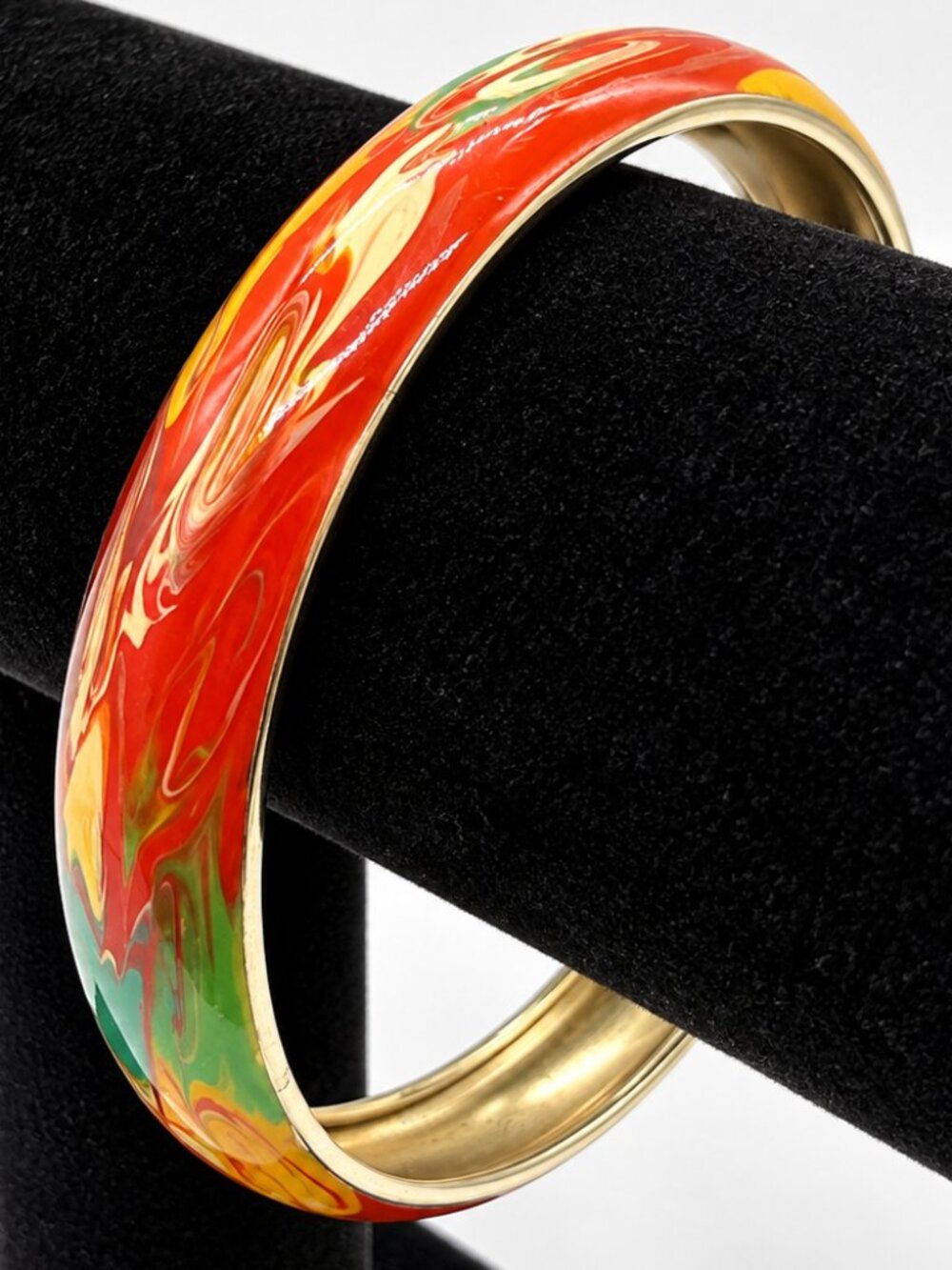 Colorful Enamel Bangle Bracelet Gold Tone Red Orange Green Swirl